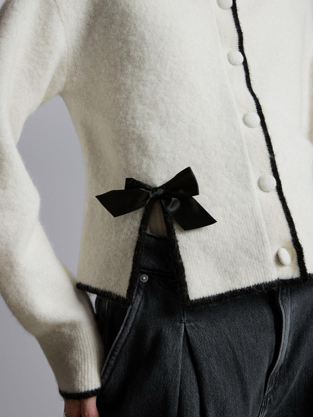 & Other Stories Cream Cropped Cardigan with Black Trim and Ribbon Bows - Picture 2 of 3